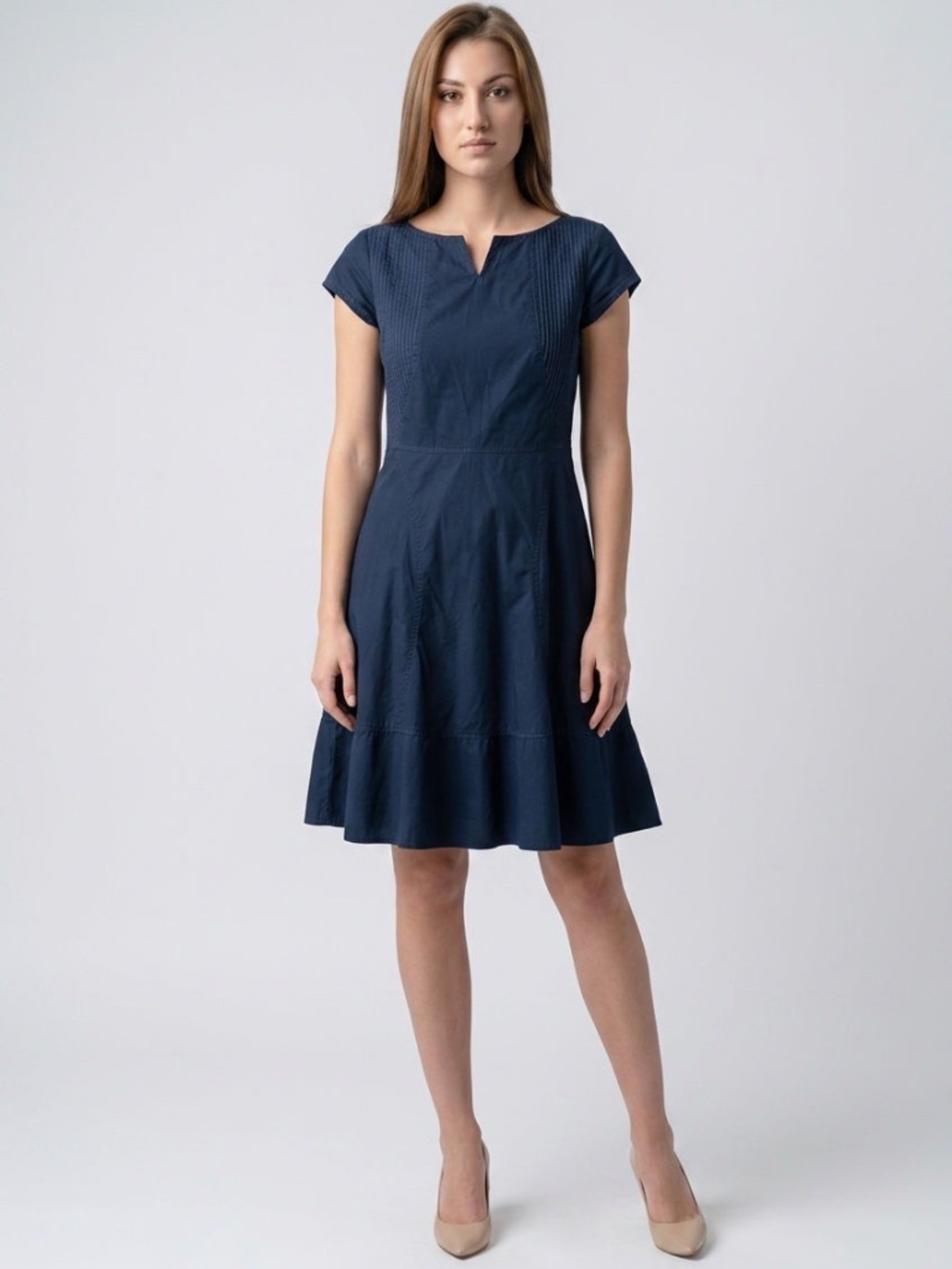 Women's Navy Blue Short Sleeve Midi Dress Size Large Side Pockets 100% Cotton - Picture 1 of 13